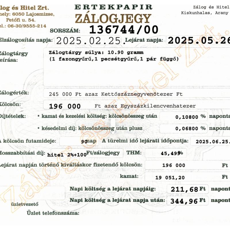 A-136744 sz. zálogjegy