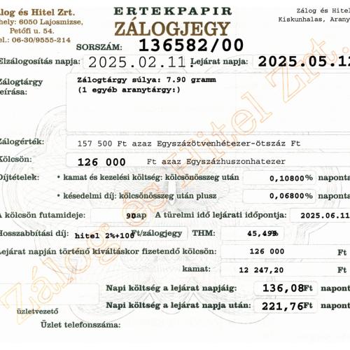 A-136582 sz. zálogjegy