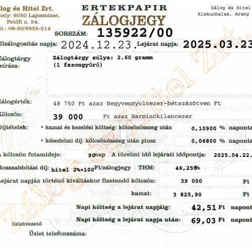 A-135922 sz. zálogjegy