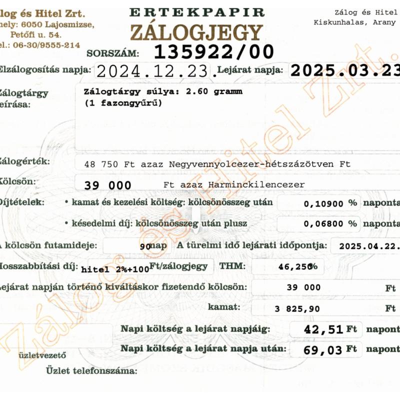 A-135922 sz. zálogjegy