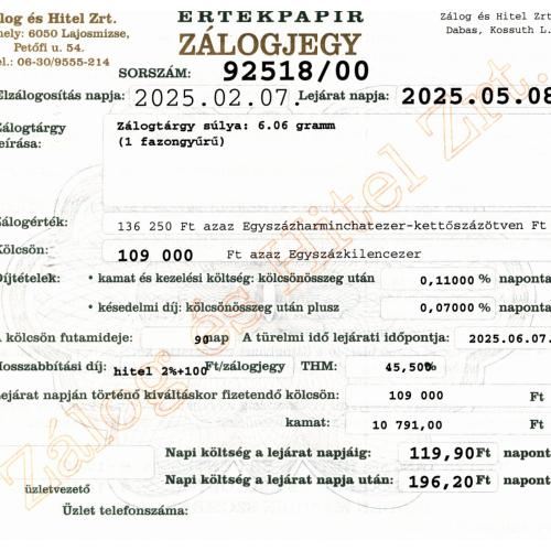 D-92518 sz. zálogjegy