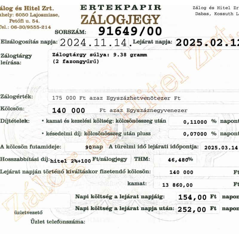 D-91649 sz. zálogjegy