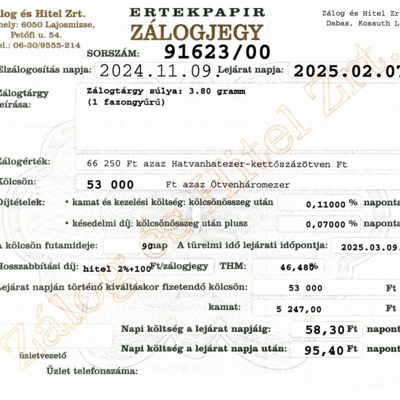 D-91623 sz. zálogjegy