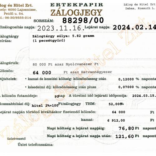 D-88298 sz. zálogjegy