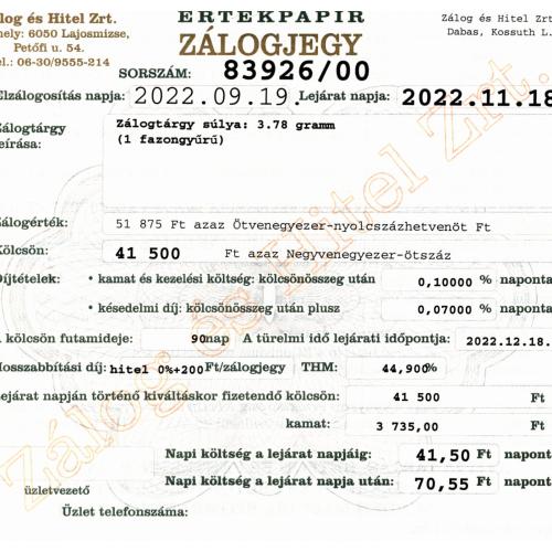 D-83926 sz. zálogjegy