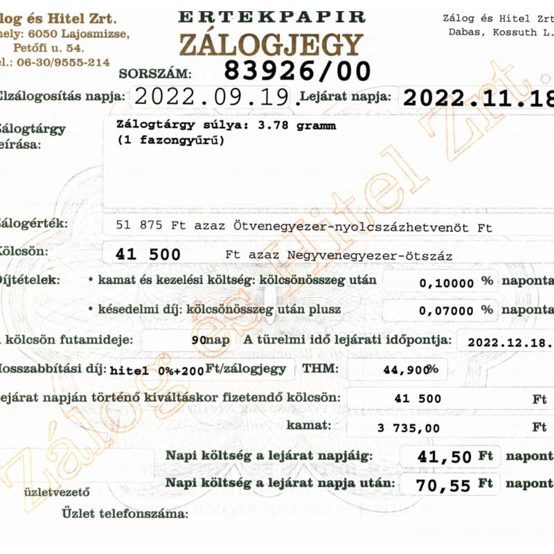 D-83926 sz. zálogjegy