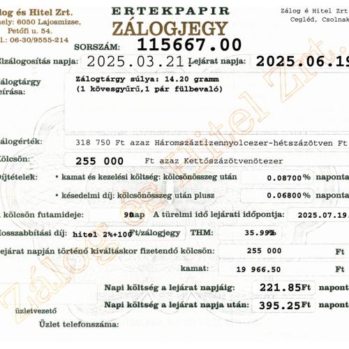 C-115667 sz. zálogjegy