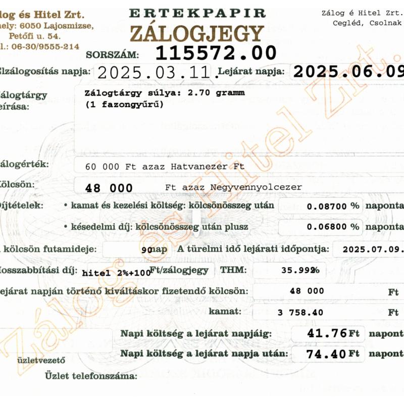 C-115572 sz. zálogjegy