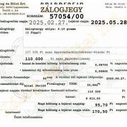 U-57054 sz. zálogjegy