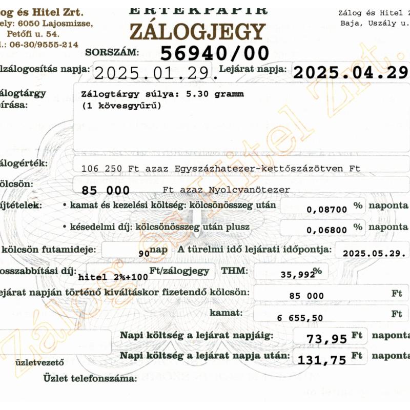 U-56940 sz. zálogjegy