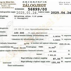 U-56899 sz. zálogjegy