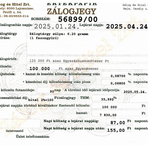 U-56899 sz. zálogjegy