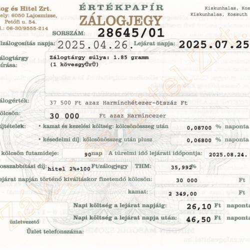 K-28645 sz. zálogjegy