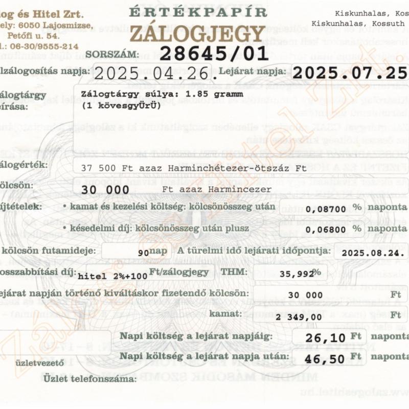 K-28645 sz. zálogjegy