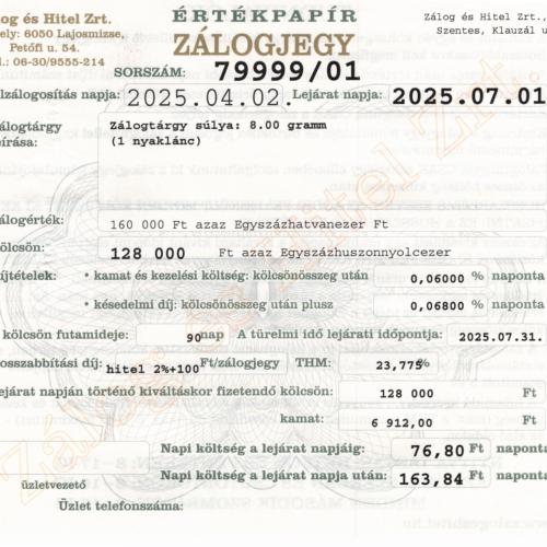 S-79999 sz. zálogjegy