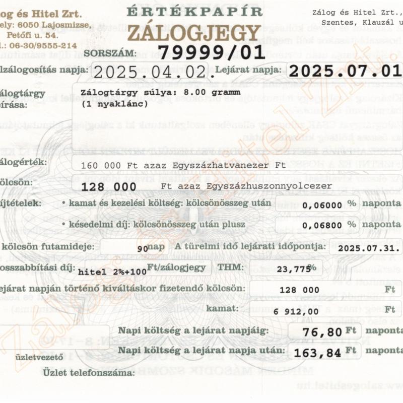 S-79999 sz. zálogjegy