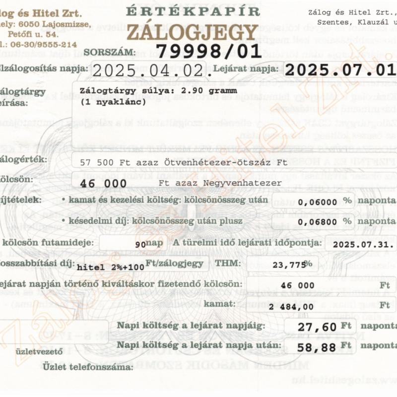 S-79998 sz. zálogjegy