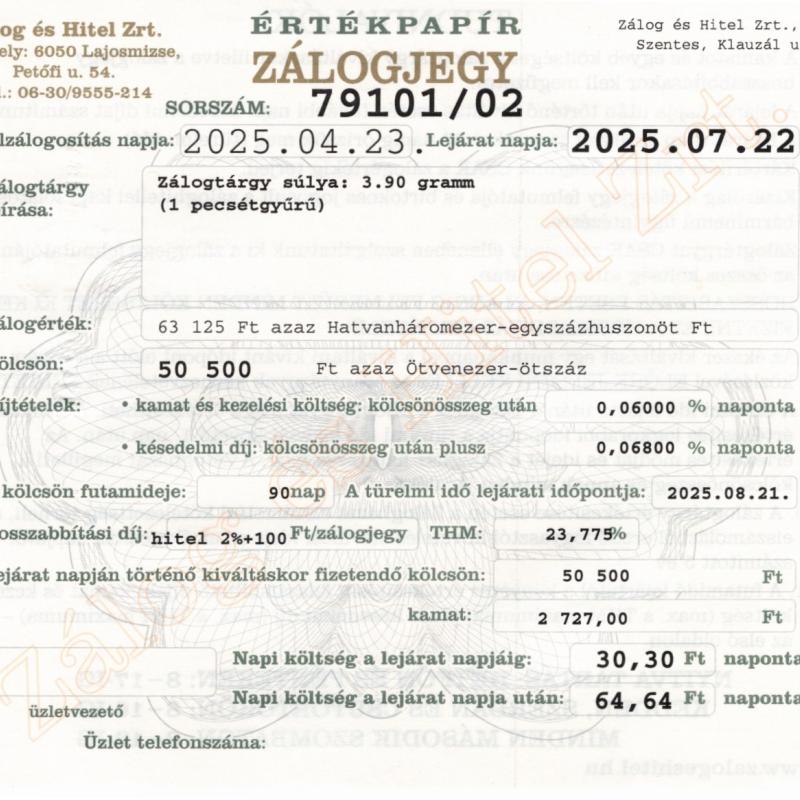 S-79101 sz. zálogjegy