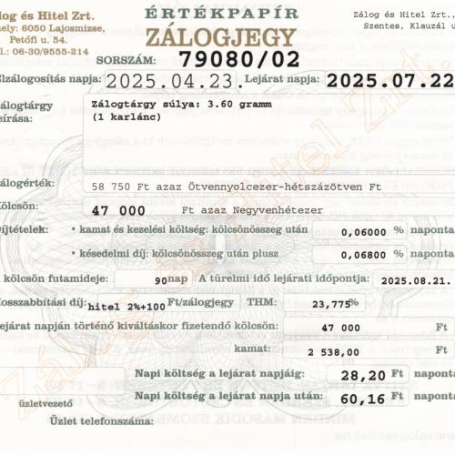 S-79080 sz. zálogjegy