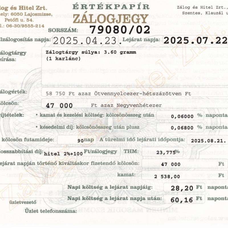 S-79080 sz. zálogjegy