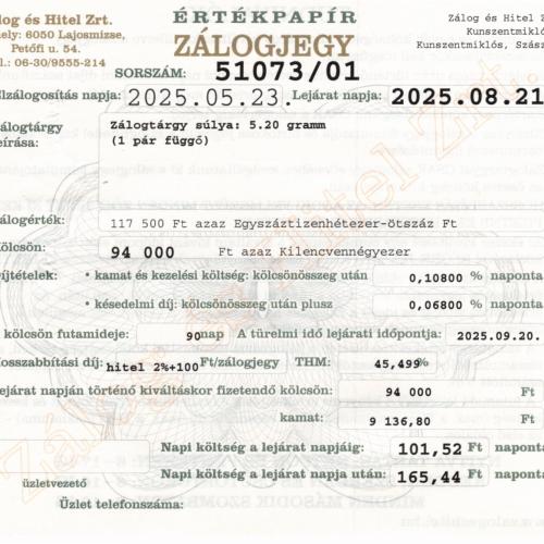 Z-51073 sz. zálogjegy