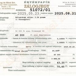 Z-51072 sz. zálogjegy