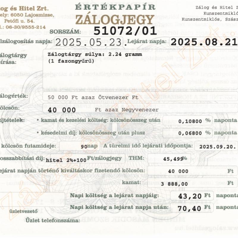 Z-51072 sz. zálogjegy