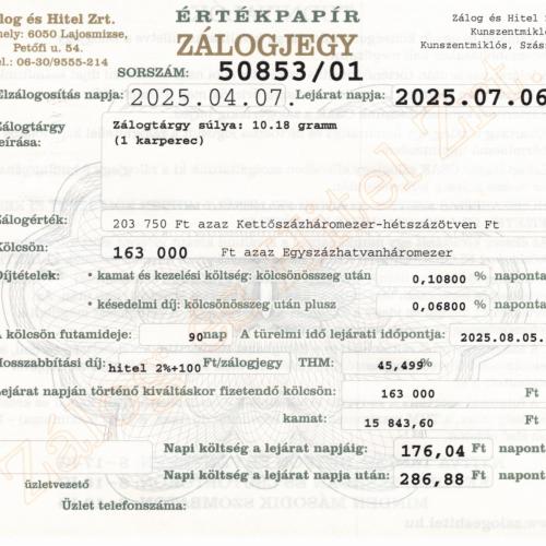Z-50853 sz. zálogjegy