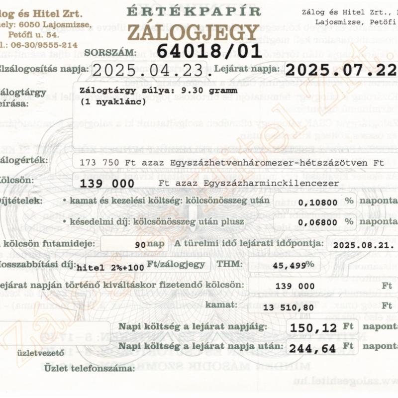 L-64018 sz. zálogjegy