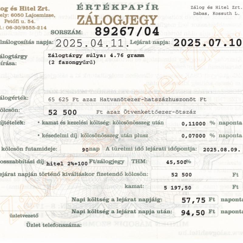 D-89267 sz. zálogjegy