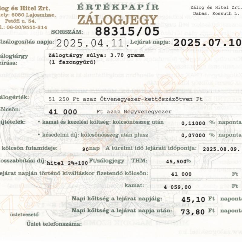 D-88315 sz. zálogjegy