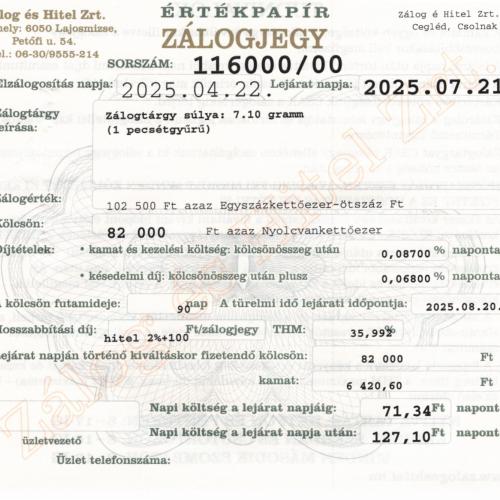 C-116000 sz. zálogjegy