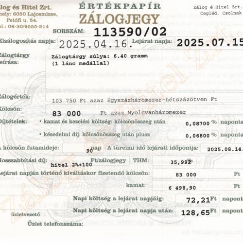 C-113590 sz. zálogjegy