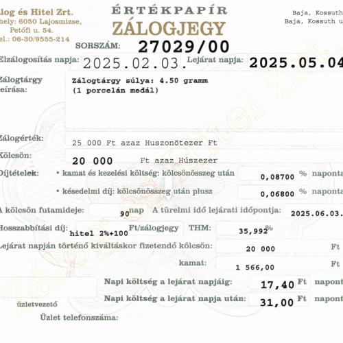 B-27029 sz. zálogjegy
