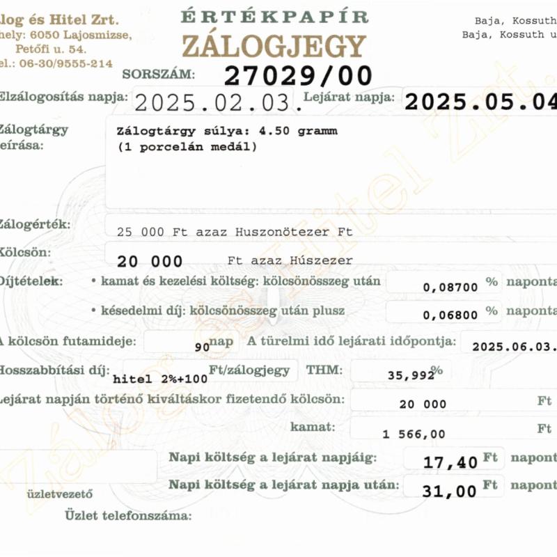 B-27029 sz. zálogjegy