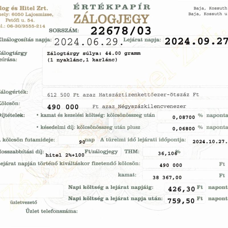 B-22678 sz. zálogjegy