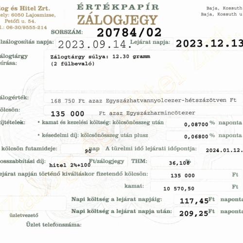 B-20784 sz. zálogjegy