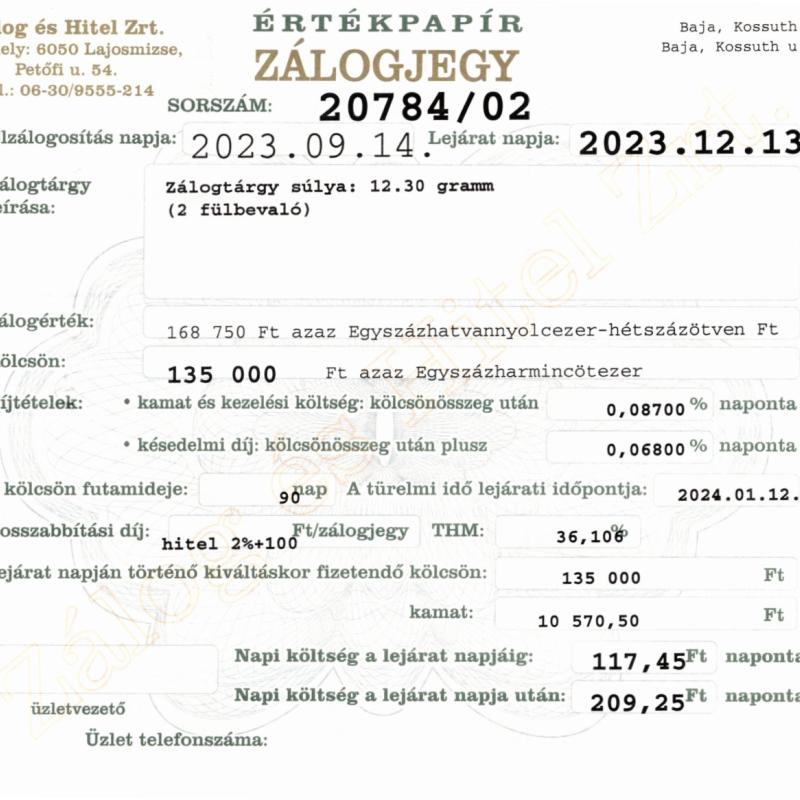 B-20784 sz. zálogjegy