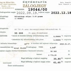 B-19044 sz. zálogjegy