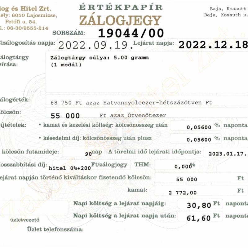 B-19044 sz. zálogjegy