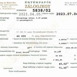 M-5838 sz. zálogjegy