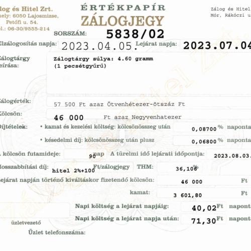 M-5838 sz. zálogjegy