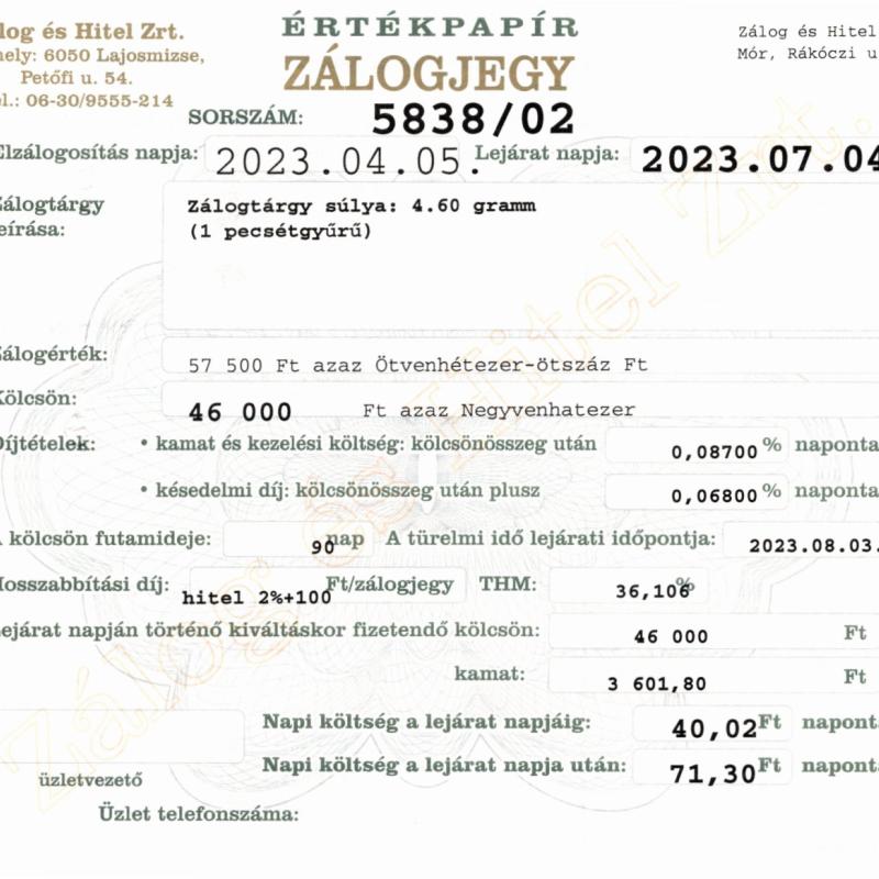 M-5838 sz. zálogjegy