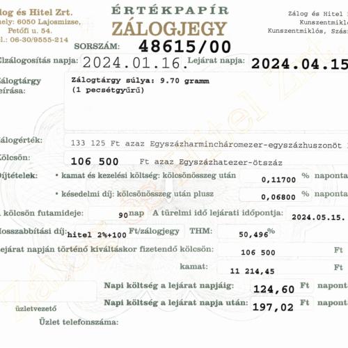 Z-48615 sz. zálogjegy