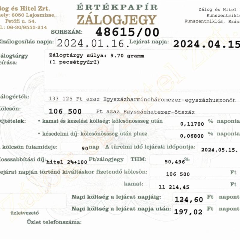 Z-48615 sz. zálogjegy