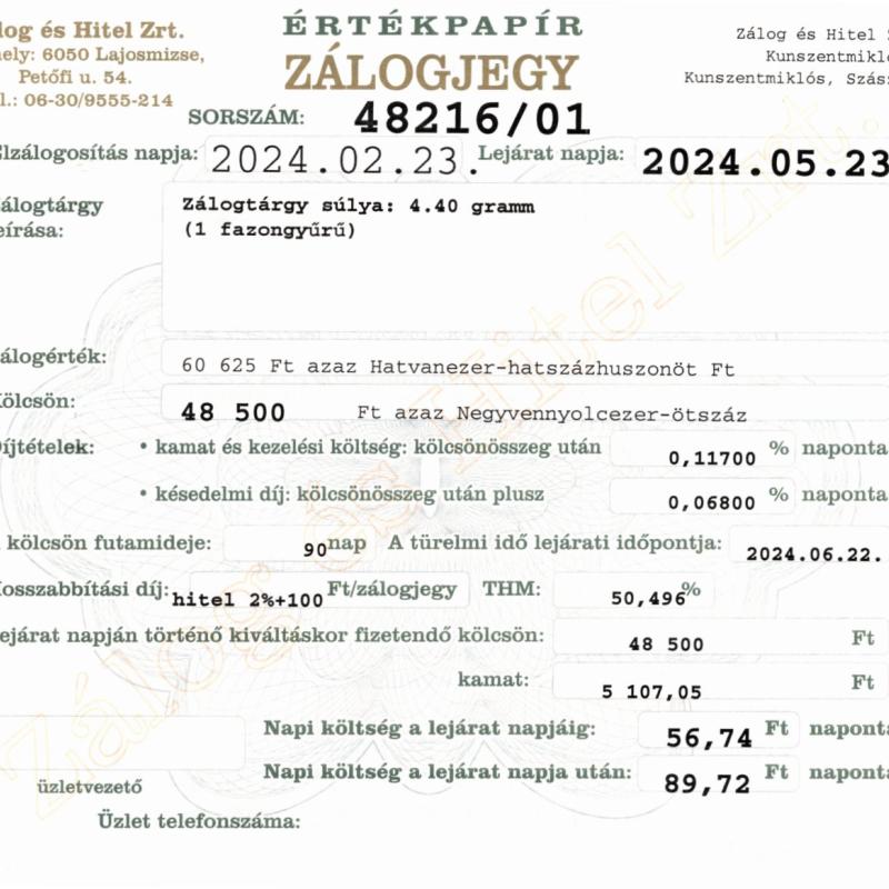 Z-48216 sz. zálogjegy