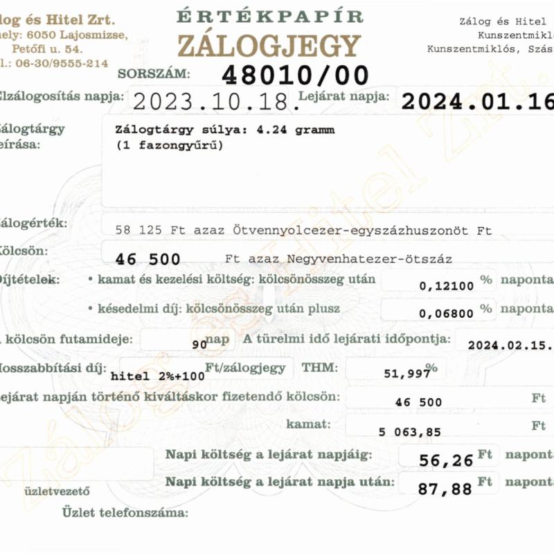 Z-48010 sz. zálogjegy