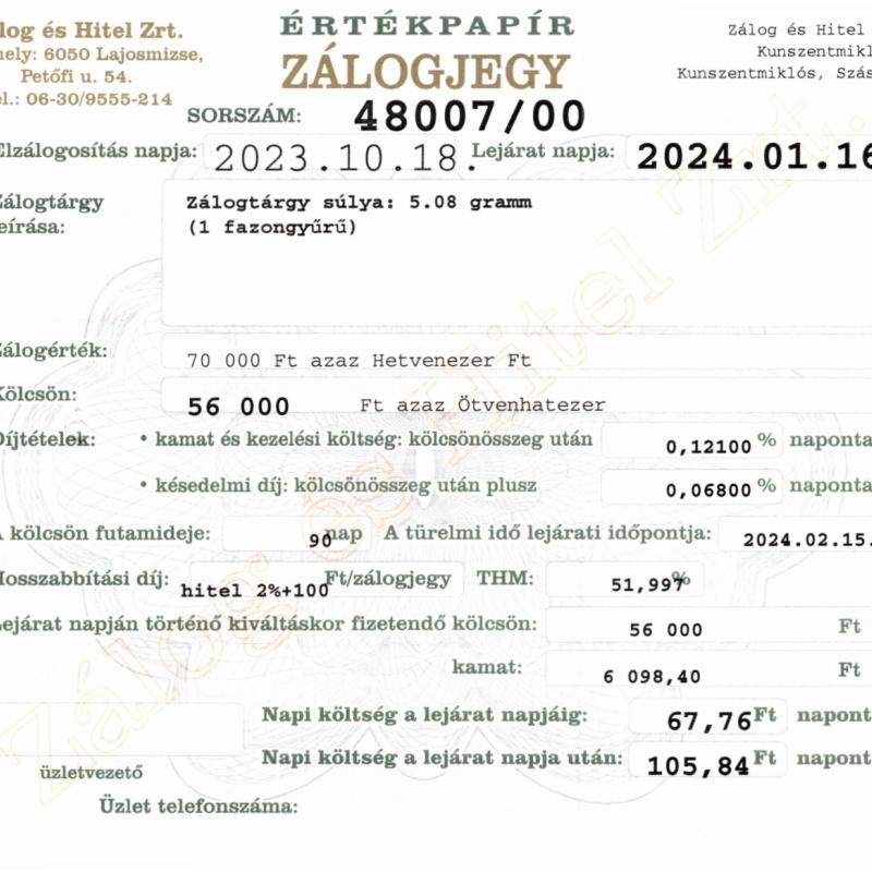 Z-48007 sz. zálogjegy