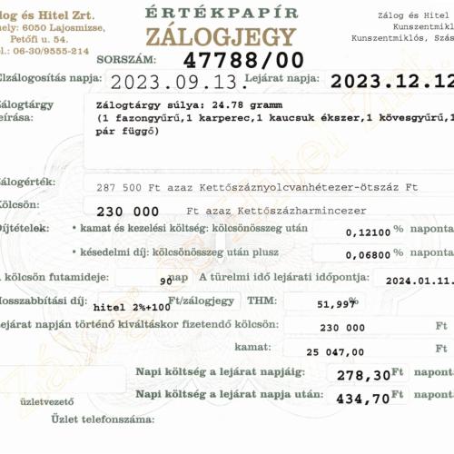 Z-47788 sz. zálogjegy