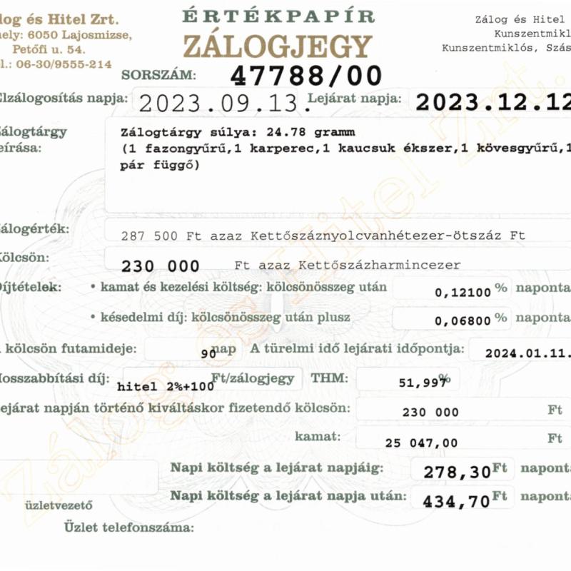 Z-47788 sz. zálogjegy